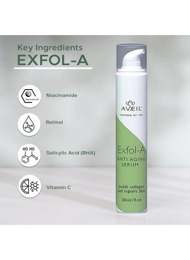 Exfol-A Anti Aging Face Serum | Renews & Repairs Skin Overnight | Collagen Boosting Firming Formula | Reduces Wrinkles, Fine Lines, & Evens Skin Tone | For All Skin Types | Night Serum | 30Ml