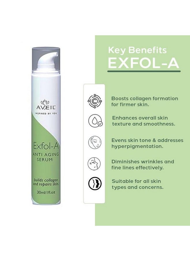 Exfol-A Anti Aging Face Serum | Renews & Repairs Skin Overnight | Collagen Boosting Firming Formula | Reduces Wrinkles, Fine Lines, & Evens Skin Tone | For All Skin Types | Night Serum | 30Ml