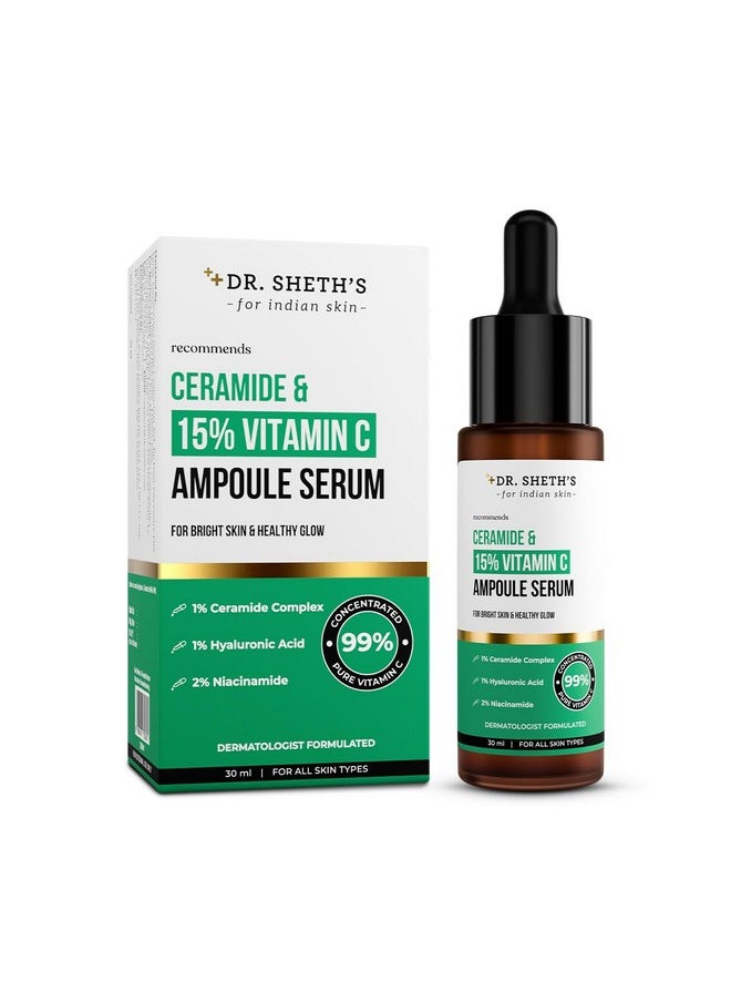 Ceramide & 15% Vitamin C Ampoule Serum | Advanced Formula | 99% Pure Grade Vitamin C | Bright & Glowing Skin | Barrier Repair |Reduces Dark Spots | Men & Women | All Skin Types | 30Ml