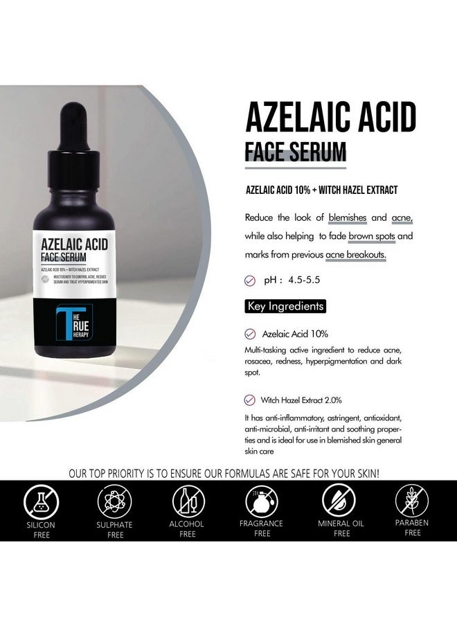 10% Azelaic Acid Face Serum With Witch Hazel Extract For Anti-Inflammatory, Cystic Acne, Rosacea, Hyperpigmentation, Reduce Redness, Excess Oil & Breakout - 30 Ml