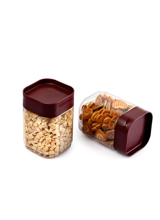 Modustack Square Containers | Air Tight Lid And Stackable | For Storage Of Food, Pulses, Spice, Cereals, Cookies, Dry Food | Set Of 2, 750Ml, Maroon