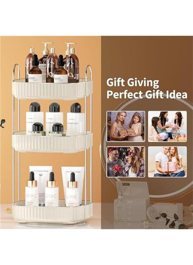 3 Tiers Bathroom Organizer Countertop Storage Spinning, 360 Rotating Makeup Organizer for Vanity, Large Capacity Perfume Organizers and Skincare Organizers for Dresser, White