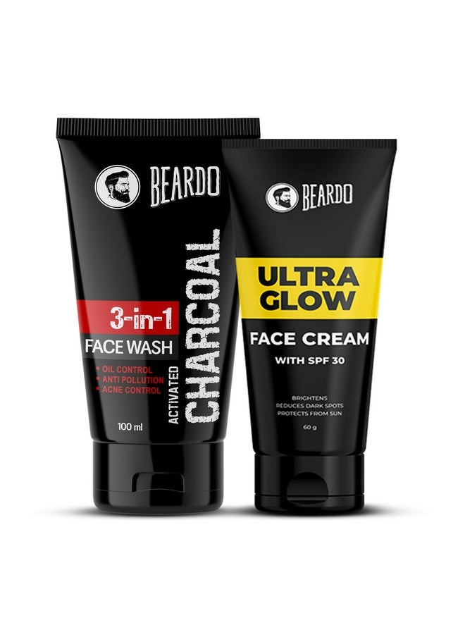 Activated Charcoal Face Wash, 100Ml And Beardo Ultraglow Face Cream Spf 30 For Men, 60G Combo