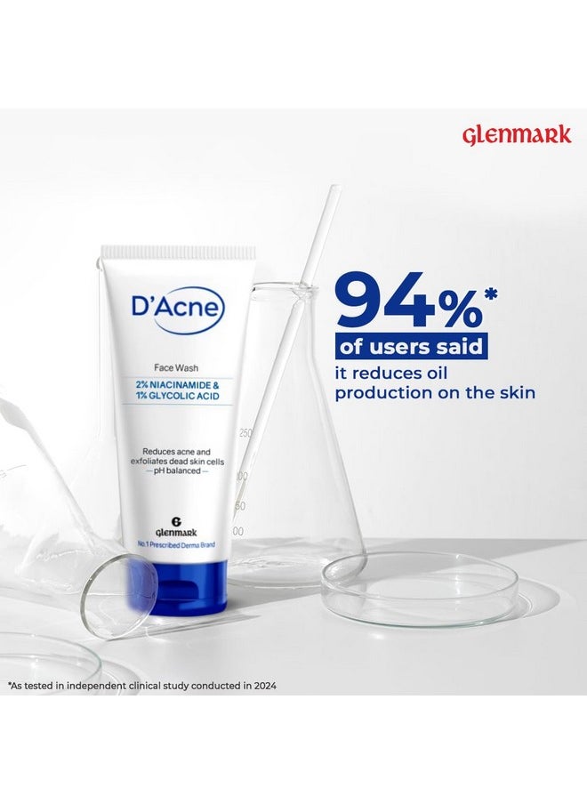 D’Acne Soft Face Wash | Unclogs Pores And Prevents Pimples | Stops Recurrence Of Acne | Contains 1% Glycolic Acid, Niacinamide |Suitable For Oily Skin, Acne-Prone Skin | Men & Women | 100 Ml