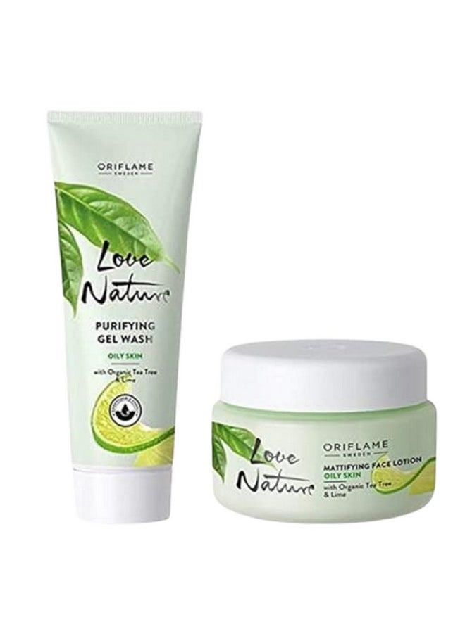 Love Nature Mattifying Face Lotion With Organic Tea Tree & Lime 50 Ml With Purifying Gel Wash With Organic Tea Tree & Lime 125 Ml