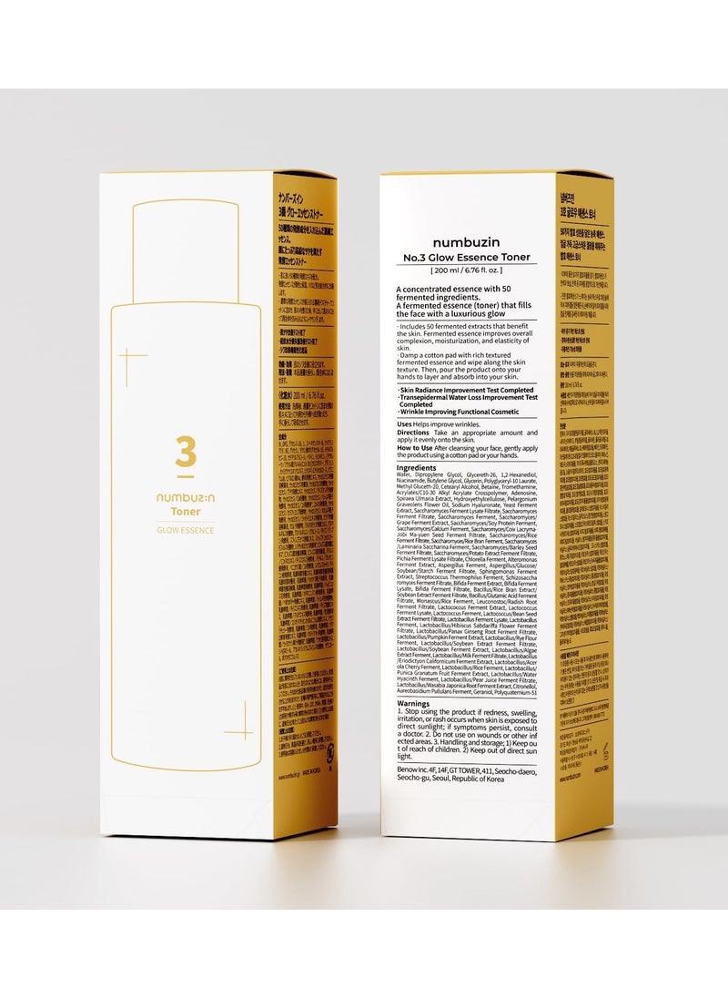 Numbuzin No.3 Super Glowing Essence Toner | Fermented Ingredients, Niacinamide, Galactomyces, glowy skin radiance | Korean Skin Care for Face, 6.76 fl.oz