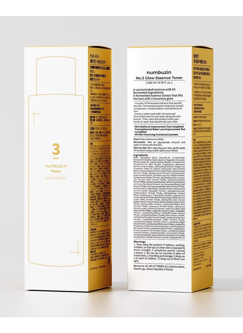 Numbuzin No.3 Super Glowing Essence Toner | Fermented Ingredients, Niacinamide, Galactomyces, glowy skin radiance | Korean Skin Care for Face, 6.76 fl.oz