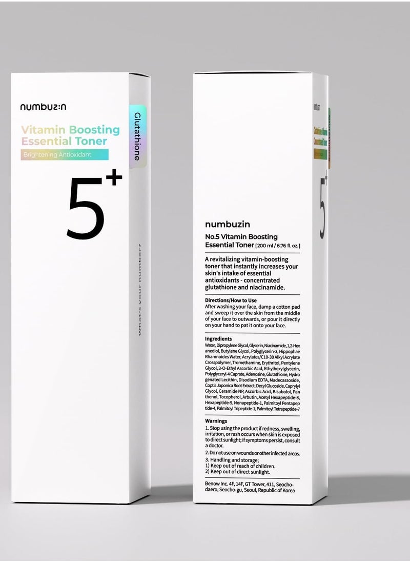 Numbuzin No.5+ Vitamin Boosting Essential Toner - Niacinamide-Powered Toner for Hyperpigmentation Brightening, Antioxidant Protection, and Gentle Care 200ml