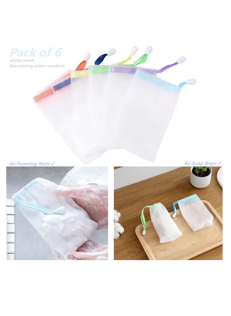 6 PCS Exfoliating Mesh Soap Saver Pouch Bag Sack, Face Cleansing Foaming Nets, White Pouch with Drawstring (Color Random)