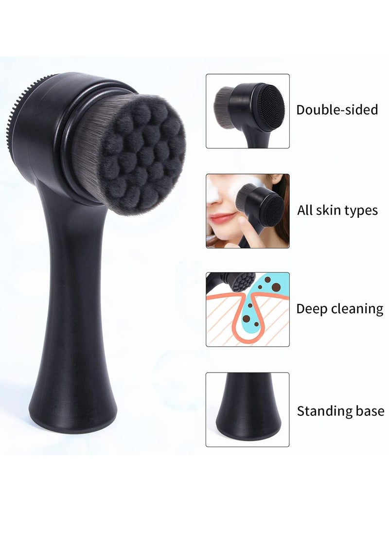 Face Brush 2 in 1, Facial Cleansing Exfoliating Scrubber Brush, Silicone Double Side Manual Face Wash Scrub Brush with Soft Bamboo Charcoal Fiber for Deep Pore Cleansing, Massaging, Skin Care