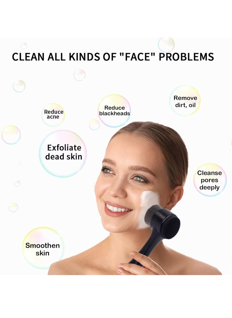 Face Brush 2 in 1, Facial Cleansing Exfoliating Scrubber Brush, Silicone Double Side Manual Face Wash Scrub Brush with Soft Bamboo Charcoal Fiber for Deep Pore Cleansing, Massaging, Skin Care