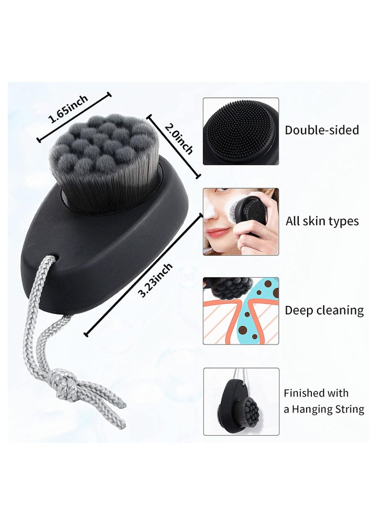 Facial Cleansing Brush 2 Pack, 2 in 1 Silicone Face Scrubber for Men Exfoliating Pore Deep Cleansing, Dual Sided Face Wash Brush with Soft Bamboo Charcoal Microfiber and Lid for Women, Black