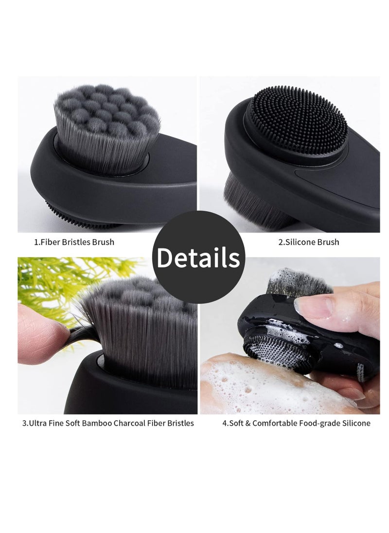 Facial Cleansing Brush 2 Pack, 2 in 1 Silicone Face Scrubber for Men Exfoliating Pore Deep Cleansing, Dual Sided Face Wash Brush with Soft Bamboo Charcoal Microfiber and Lid for Women, Black