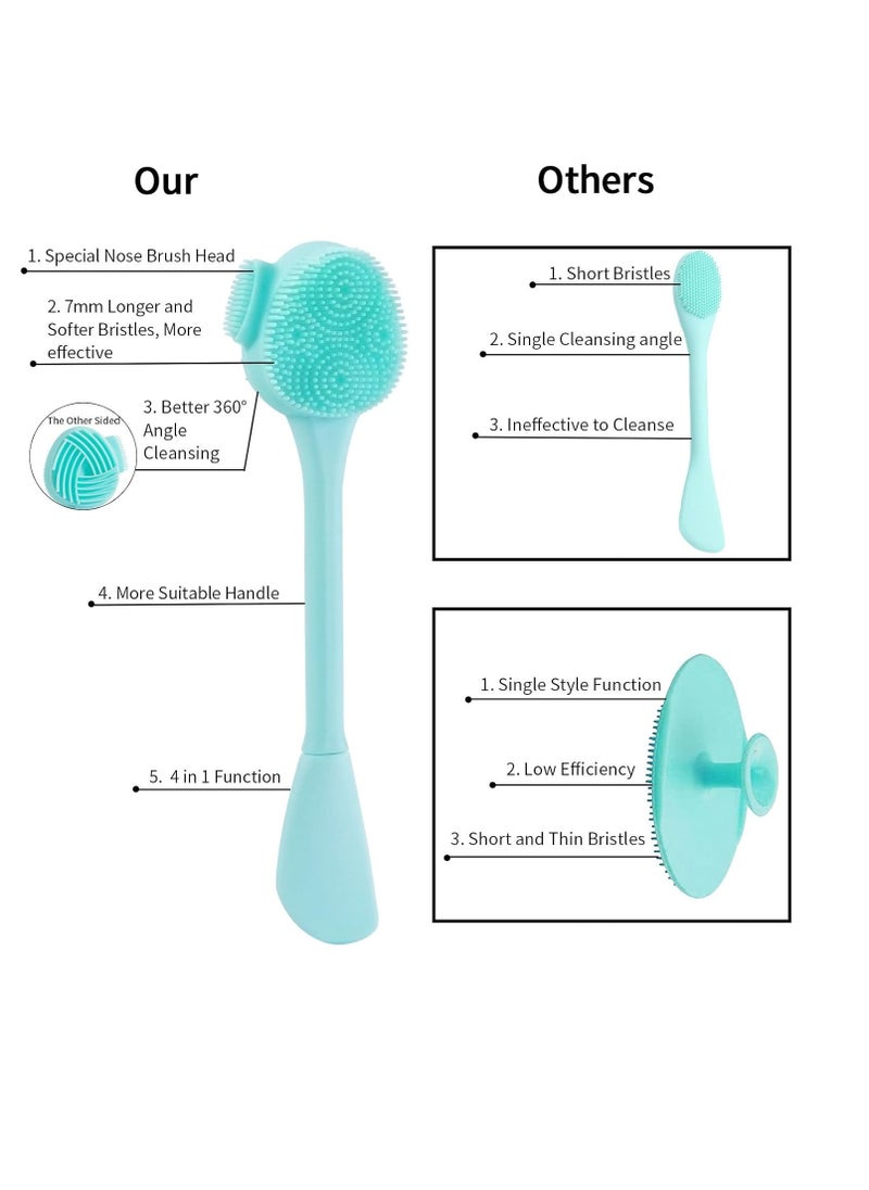 Silicone Facial Cleansing Brush 3 Pack, Beomeen 4 in 1 Handheld Face Scrubber for Deep Gentle Exfoliating, Double-Ended Face Wash Scrub Brush for Face Skincare and Massage (Green)