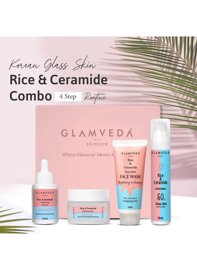 Korean Glass Skin Rice & Ceramide Morning 4 Step Skincare Routine For Women With Gift Box | Face Wash, Serum, Moisturizer & Sunscreen