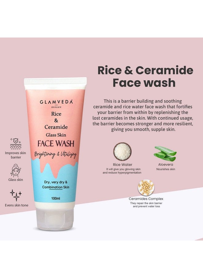 Korean Glass Skin Rice & Ceramide Morning 4 Step Skincare Routine For Women With Gift Box | Face Wash, Serum, Moisturizer & Sunscreen