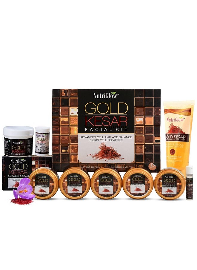 Gold Kesar Facial Kit (250Gm + 10Ml) With Bleach Cream (43Gm) & Face Wash (65Ml), All Skin Types (Pack Of 3)