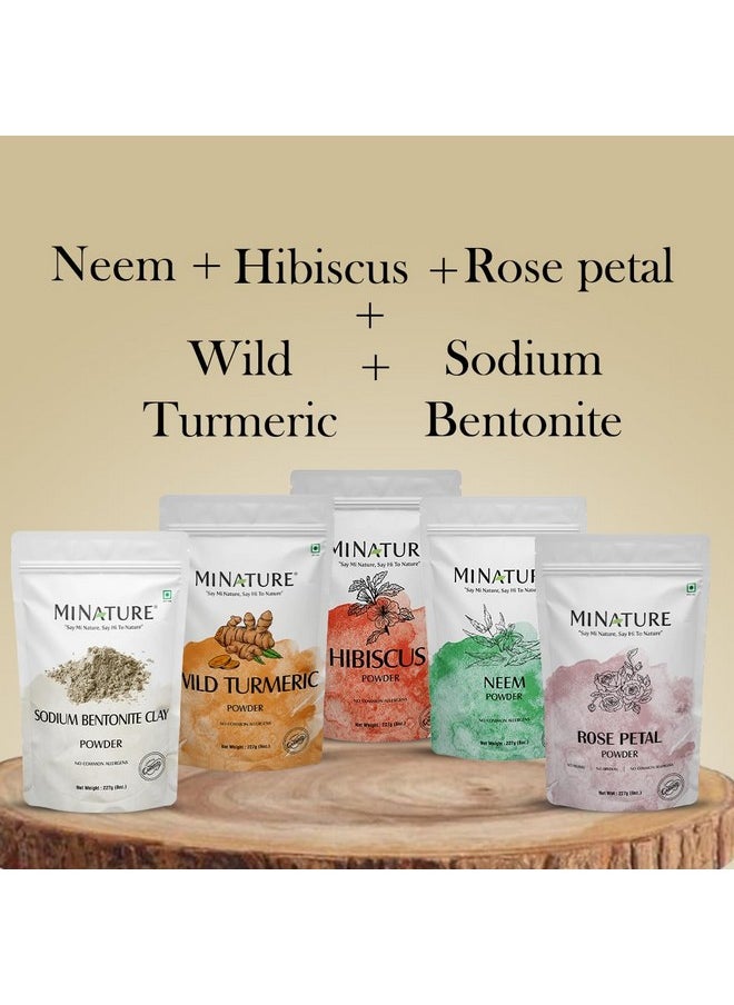 Combo Of Wild Turmeric, Sodium Bentonite Clay, Neem, Hibiscus, And Rose Petal Powder | Face Pack For De-Tan, Darkspots, & All Types Of Skin |Pure And Natural | 227 Grams Each (227G * 5)