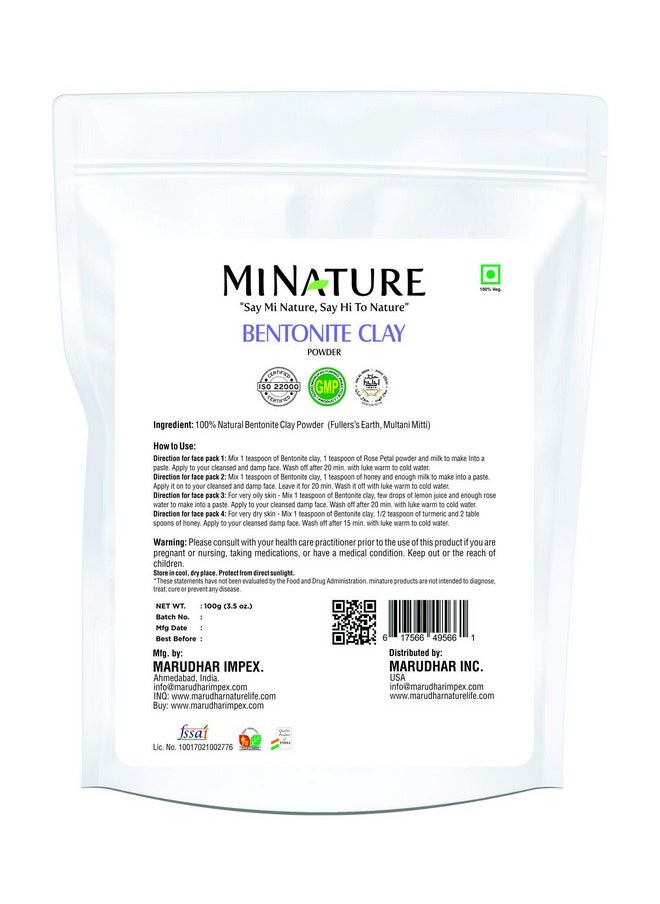 Natural Bentonite Clay Multani Mitti Powder For Detoxifying And Glowing Skin & Silky And Smooth Hair| Fullers Earth | 100% Pure & Herbal Hair & Skin Care | 100G(3.5 Oz) (0.21 Lb)