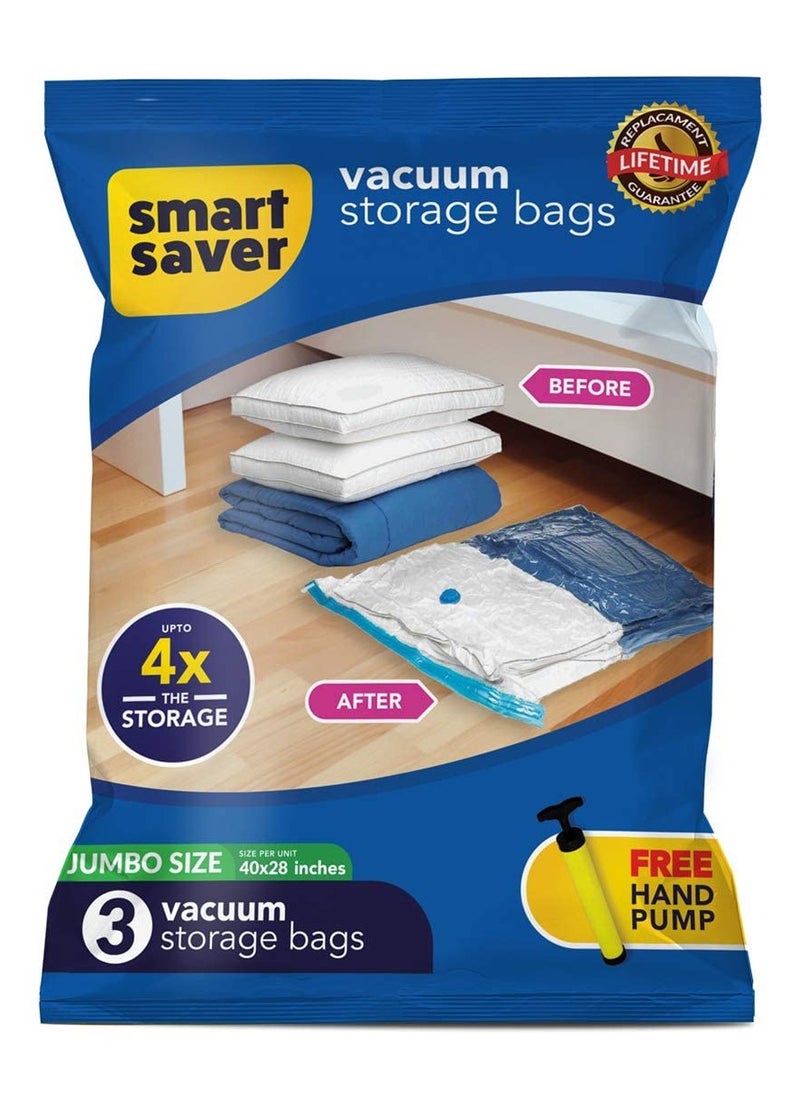 Smart Saver 3 Jumbo Vacuum Bags For Travel, Space saver Compression Storage Bags, Vacuum Sealer Bags, Vaccine Sealed Compression Airtight Reusable Ziplock Bag With Hand Pump(70X100Cm, Plastic) - Blue