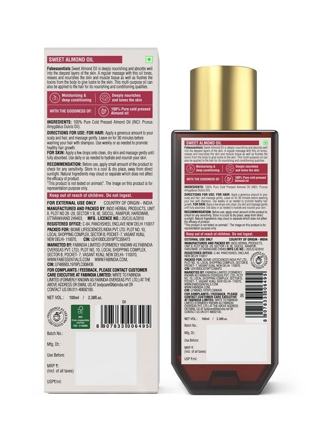 Sweet Almond Oil -100Ml | Cold-Pressed & 100% Pure & Natural | Multipurpose Oil For Body & Hair | Pure Cold Pressed Almond Oil For Hair And Skin | Almond Oil - 100 Ml