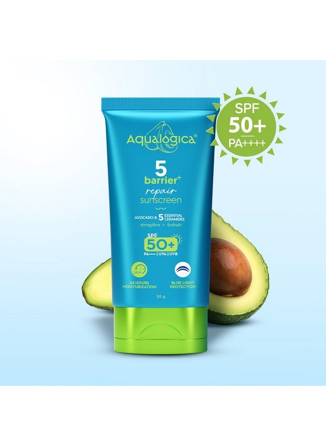 5 Barrier+ Repair Sunscreen With Avocado&5 Essential Ceramides-50 G|Spf 50 Pa++++|Uva/B&Blue Light Broad Spectrum Protection|24 Hr Moisturization For All Skin|Fragrance Free,1 Count