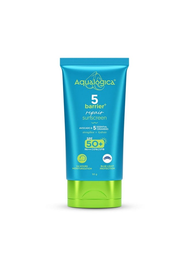 5 Barrier+ Repair Sunscreen With Avocado&5 Essential Ceramides-50 G|Spf 50 Pa++++|Uva/B&Blue Light Broad Spectrum Protection|24 Hr Moisturization For All Skin|Fragrance Free,1 Count