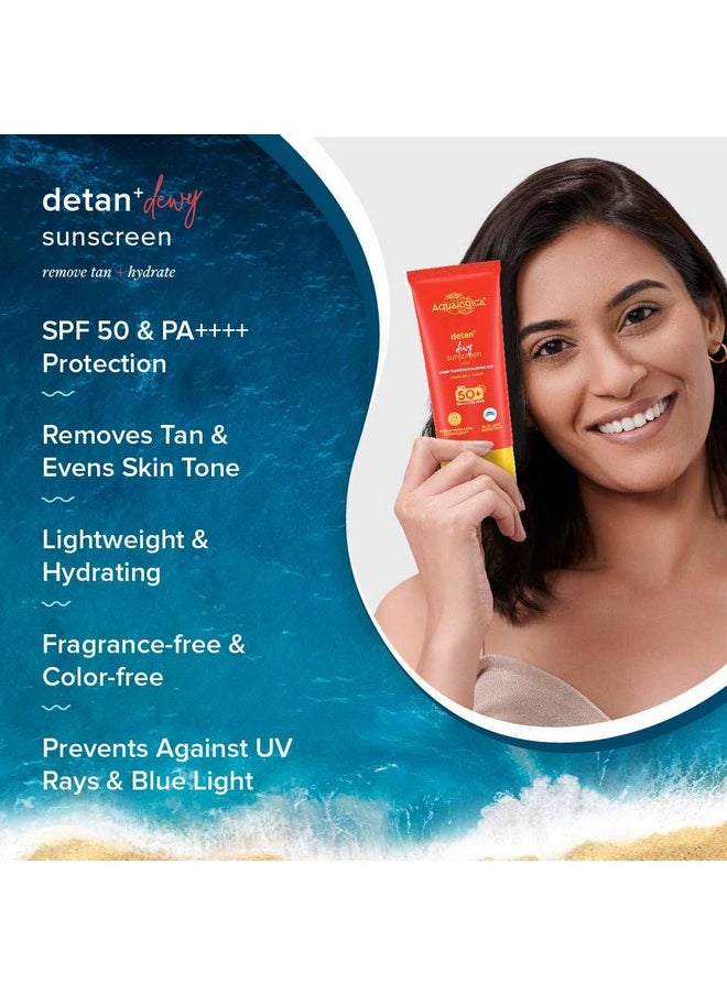 Detan+ Dewy Sunscreen With Cherry Tomato & Hyaluronic Acid With Spf 50 & Pa++++ For Men & Women - For Normal, Dry & Combination Skin - 80G | Pack Of 2