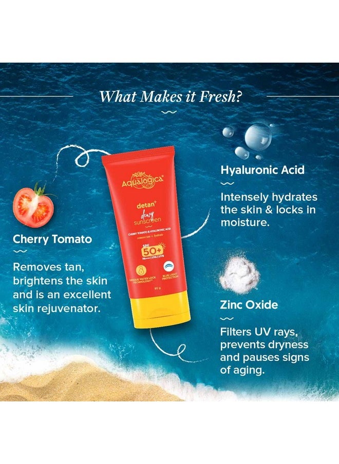 Detan+ Dewy Sunscreen With Cherry Tomato & Hyaluronic Acid With Spf 50 & Pa++++ For Men & Women - For Normal, Dry & Combination Skin - 80G | Pack Of 2