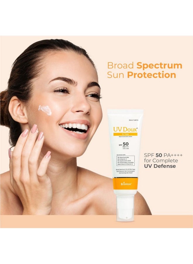 Uv Doux D-Tan Aqua Sunscreen Lotion | Spf 50 Pa++++ | 8-Hour Hydration, D-Tan Formula With Niacinamide & Vitamin C, 50 Ml (Pack Of 1)