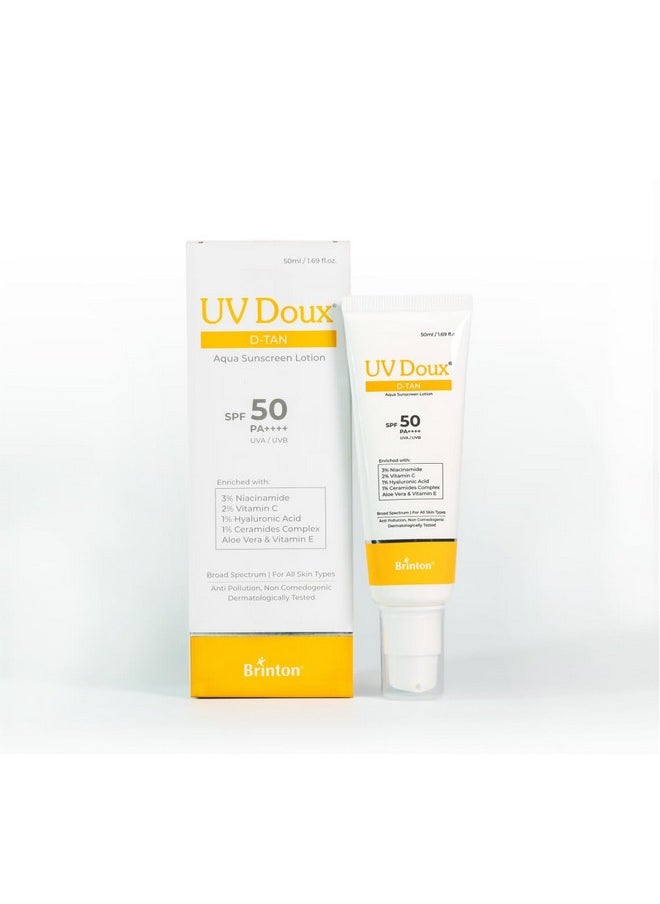 Uv Doux D-Tan Aqua Sunscreen Lotion | Spf 50 Pa++++ | 8-Hour Hydration, D-Tan Formula With Niacinamide & Vitamin C, 50 Ml (Pack Of 1)