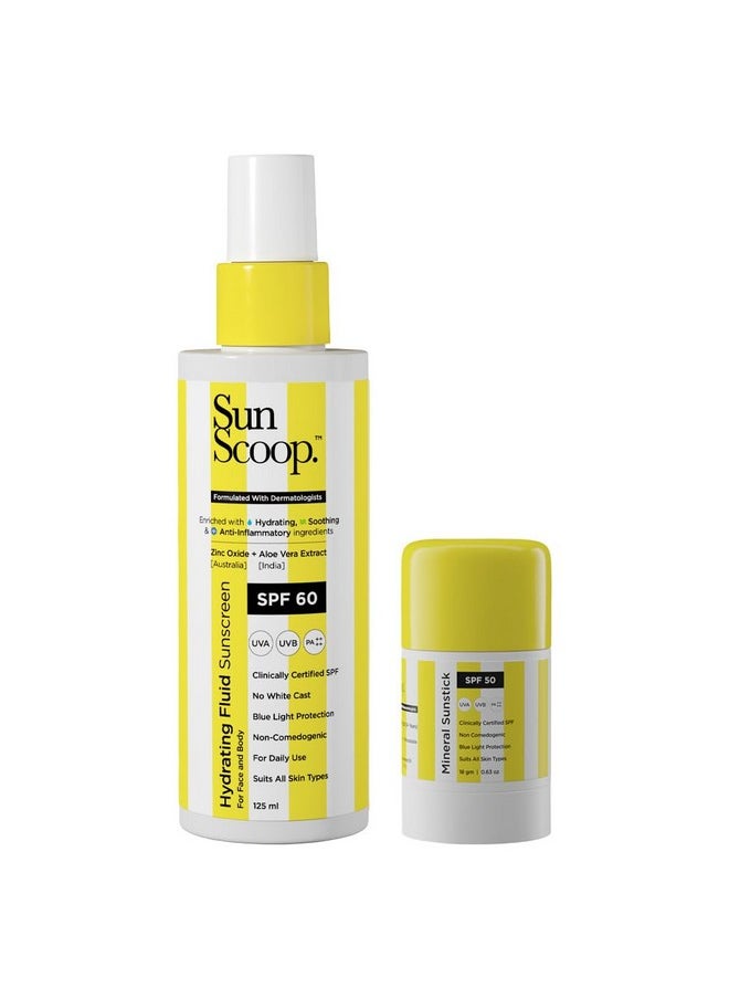 Hydrating Fluid & Mineral Sunstick Sunscreen Combo Spf 60 Pa+++ & Spf 50 Pa+++ | For All Skin Types | No White Cast | Ultimate Sun Protection | 125Ml + 18 Gm