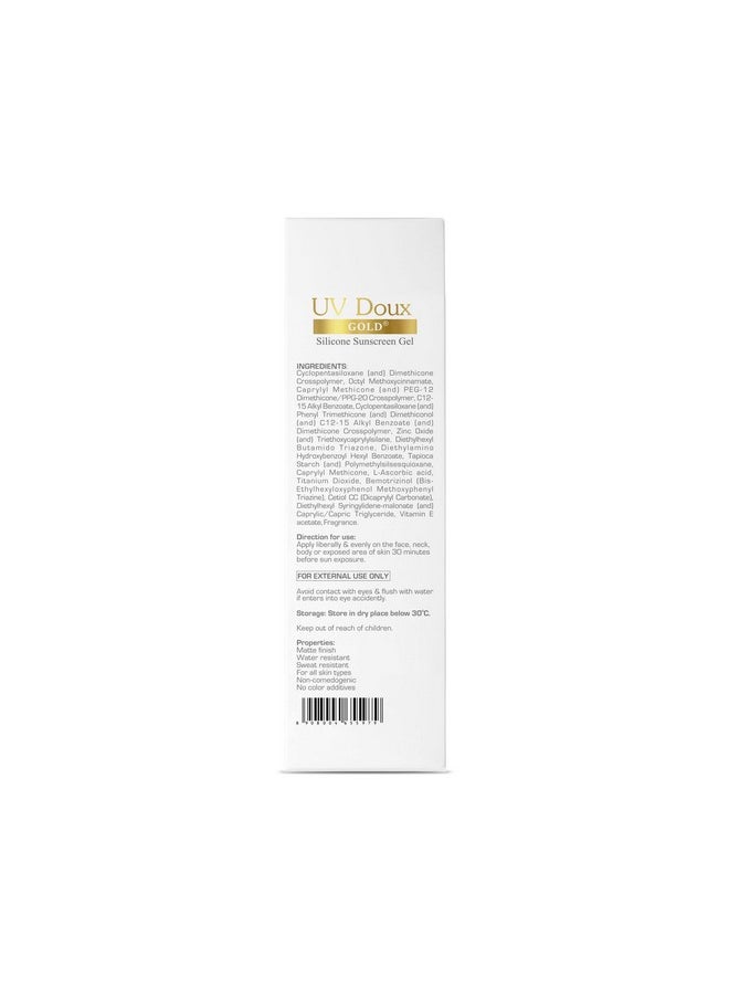 Uv Doux Gold Silicone Sunscreen Gel Spf 50 Pa+++ With Vitamin C & E | Clinically Tested, Water Resistant & Non- Greasy | Uva/Uvb Protection Against Uva/Uvb Rays| For All Skin Types, 100 Gm (Pack Of 1)