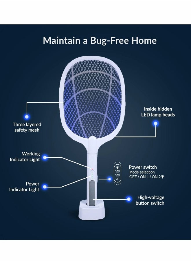 Electric Fly Swatter Racket & Mosquito Zapper - High Duty 3,000 Volt Electric Bug Zapper Racket - Fly Killer USB Rechargeable Fly Zapper Indoor Safe