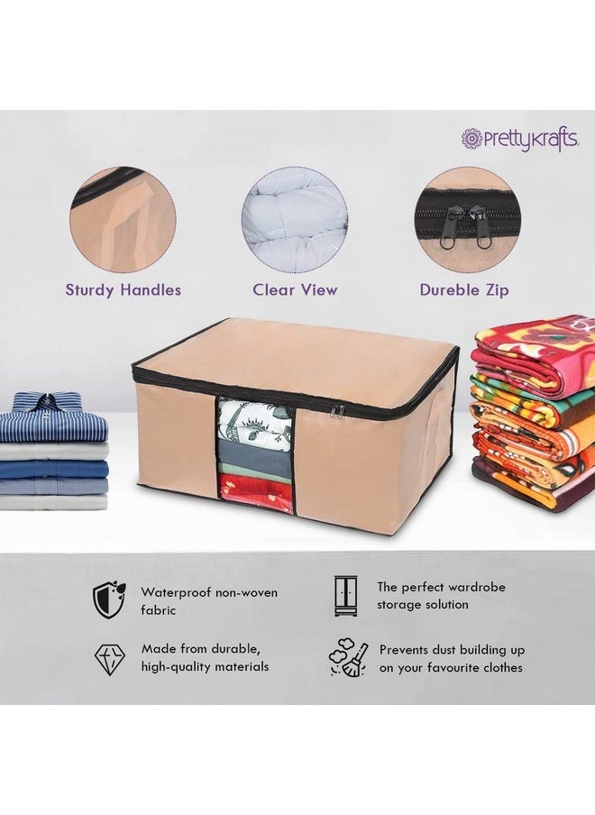 Pretty Krafts Pack Of 2 Non Woven Moisture Proof Underbed Cloth Storage Organizer With Zipper Lock & Handles | Wardrobe Organizer For Cloth Saree Quilt Blanket Toy Storage Bag (62X45X30Cm, Beige)