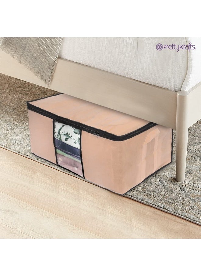 Pretty Krafts Pack Of 2 Non Woven Moisture Proof Underbed Cloth Storage Organizer With Zipper Lock & Handles | Wardrobe Organizer For Cloth Saree Quilt Blanket Toy Storage Bag (62X45X30Cm, Beige)