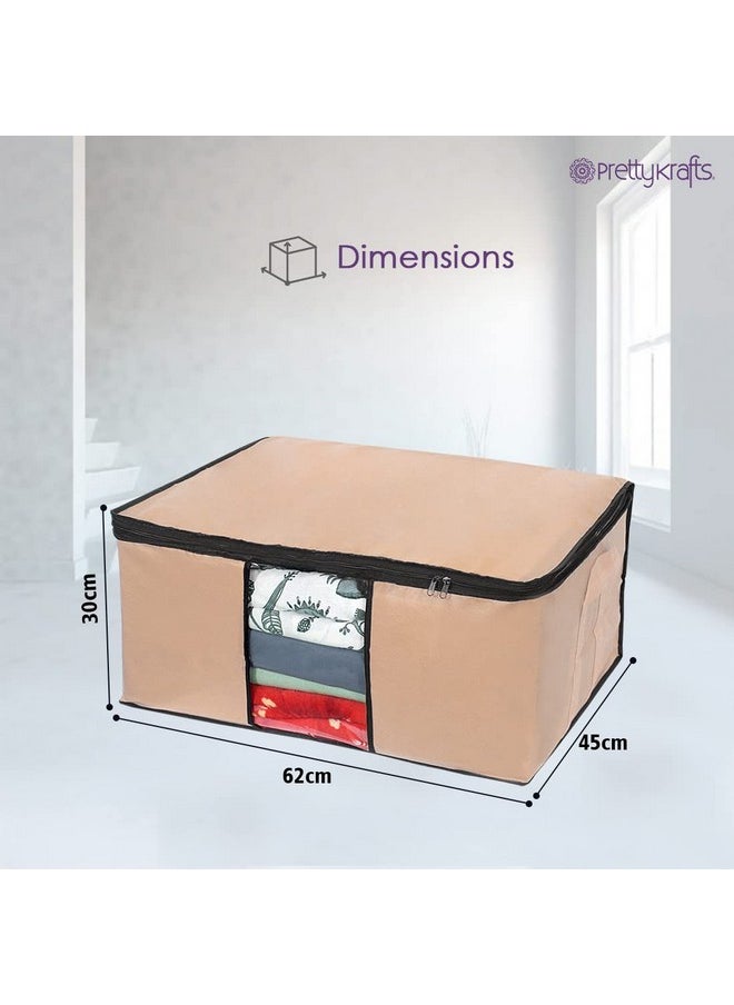 Pretty Krafts Pack Of 2 Non Woven Moisture Proof Underbed Cloth Storage Organizer With Zipper Lock & Handles | Wardrobe Organizer For Cloth Saree Quilt Blanket Toy Storage Bag (62X45X30Cm, Beige)