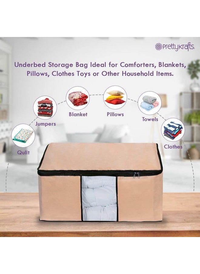 Pretty Krafts Pack Of 2 Non Woven Moisture Proof Underbed Cloth Storage Organizer With Zipper Lock & Handles | Wardrobe Organizer For Cloth Saree Quilt Blanket Toy Storage Bag (62X45X30Cm, Beige)