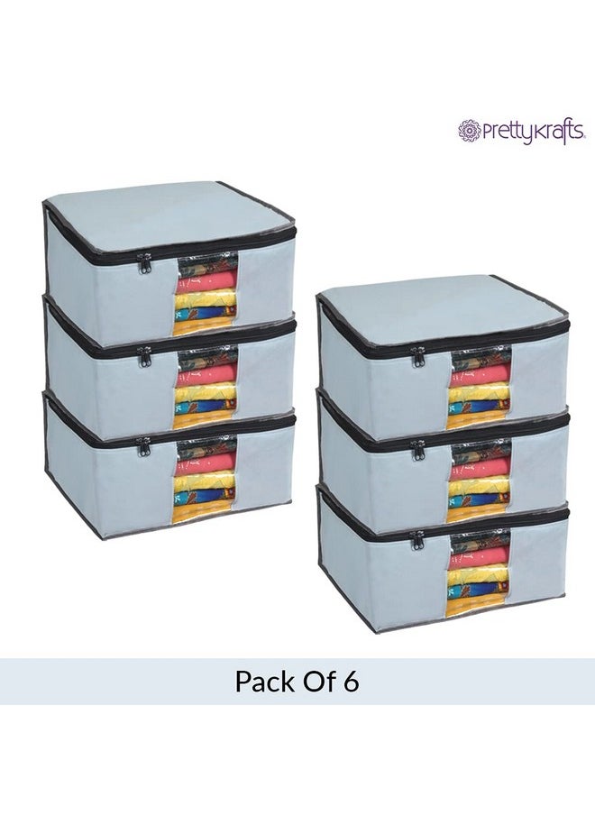 Set Of 6 Non Woven Foldable Saree Cover/Cloth Storage Bag/Wardrobe Organizer With Zip & Transparent Window For Lehenga, Shirts, Salwar Suits, Dress & Accessories (Grey, 40 X 35 X 19.5Cm)