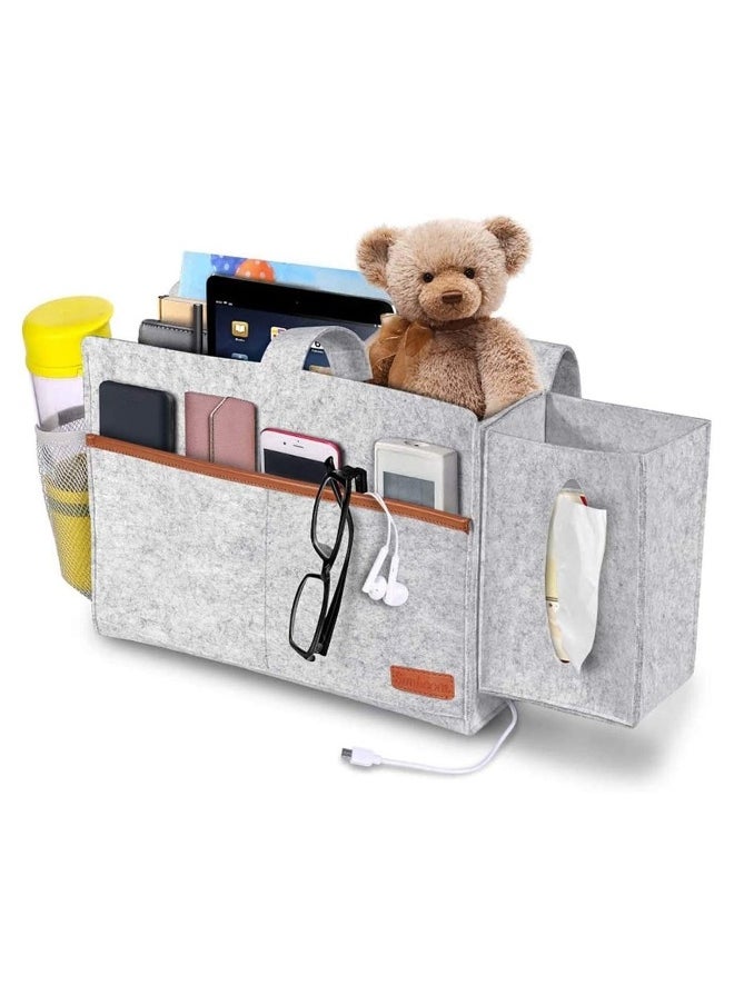 Bedside Organiser Storage Caddy Hanging Bag with Large Pockets for Remote Control Book Newspaper Phone Water Bottle Light Grey