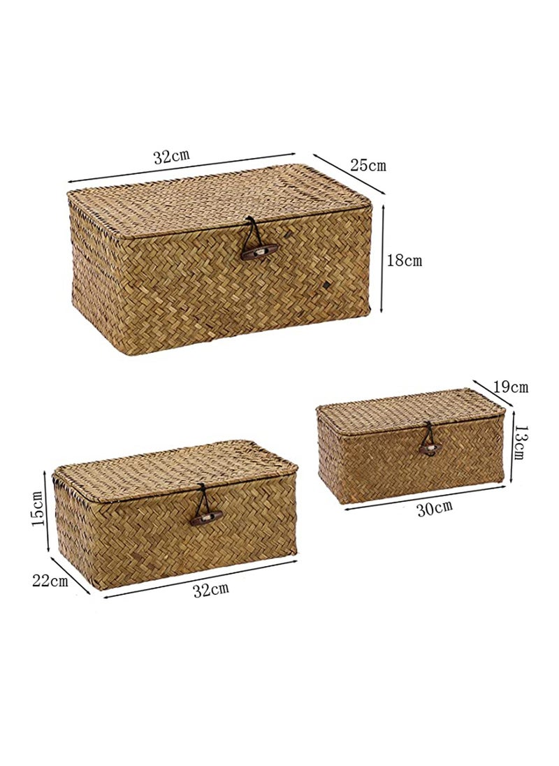 Set of 3 Shelf Basket with Lid for Home Decor Seagrass Storage Baskets Natural Rattan Woven Rectangular Organizer Box