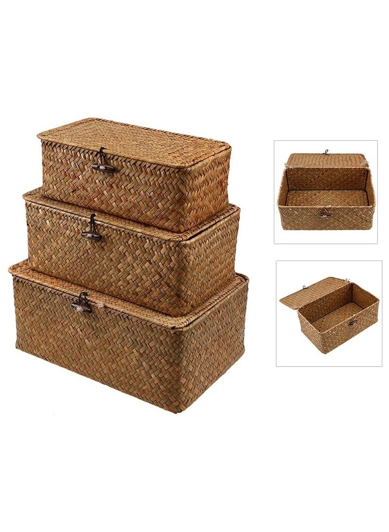 Set of 3 Shelf Basket with Lid for Home Decor Seagrass Storage Baskets Natural Rattan Woven Rectangular Organizer Box