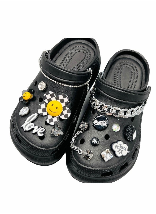 Shoe Decoration Charms, Kids Boys Party, 3D Cute Croc Accessoriess Shoe Charm, Fit for clog, 13pcs Croc Pins + 2 chains, Black