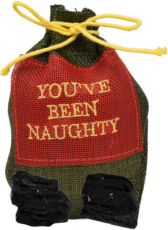 Santa'S Naughty List Gift Set: Lump Of Coal In Gift Bag & Naughty List Button