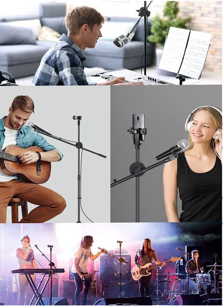 TDOO Microphone Stand, Foldable Tripod Boom Stand Adjustable Height Heavy Duty Mic Boom Stand with Dual Mic Clip Holders and Metal Base for Singing, Speech, Stage