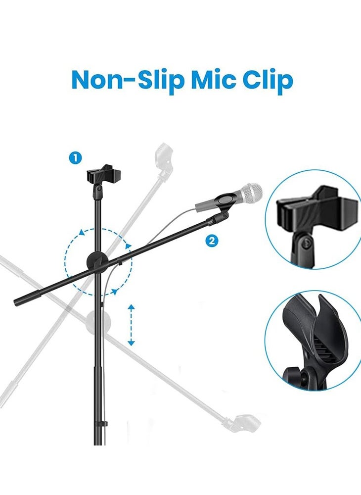 TDOO Microphone Stand, Foldable Tripod Boom Stand Adjustable Height Heavy Duty Mic Boom Stand with Dual Mic Clip Holders and Metal Base for Singing, Speech, Stage