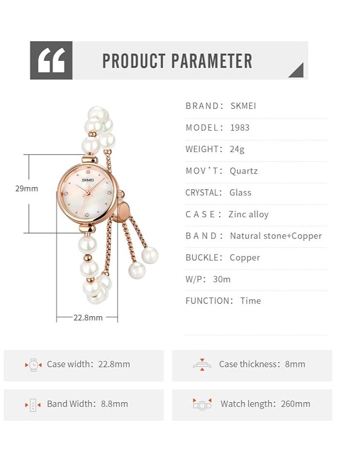 Skmei Watches for Women Elegant Bracelet Set Rose Gold Rhinestone Wrist Watch with Natural Pearls Bangles Ladies Bracelet Watche white