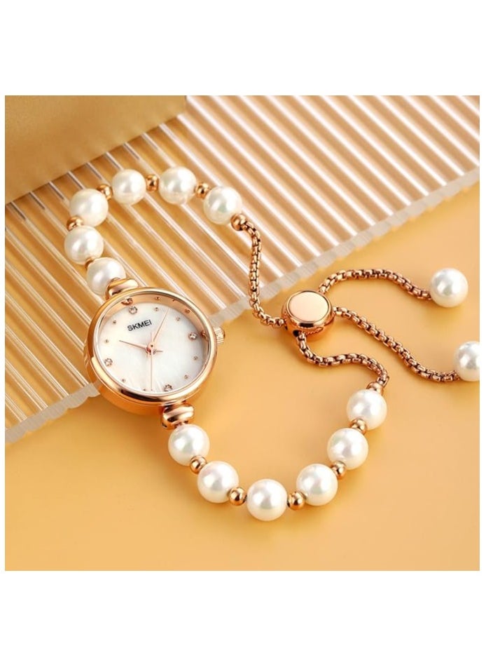 Skmei Watches for Women Elegant Bracelet Set Rose Gold Rhinestone Wrist Watch with Natural Pearls Bangles Ladies Bracelet Watche white