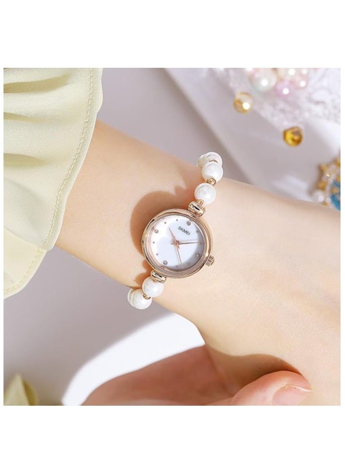 Skmei Watches for Women Elegant Bracelet Set Rose Gold Rhinestone Wrist Watch with Natural Pearls Bangles Ladies Bracelet Watche white