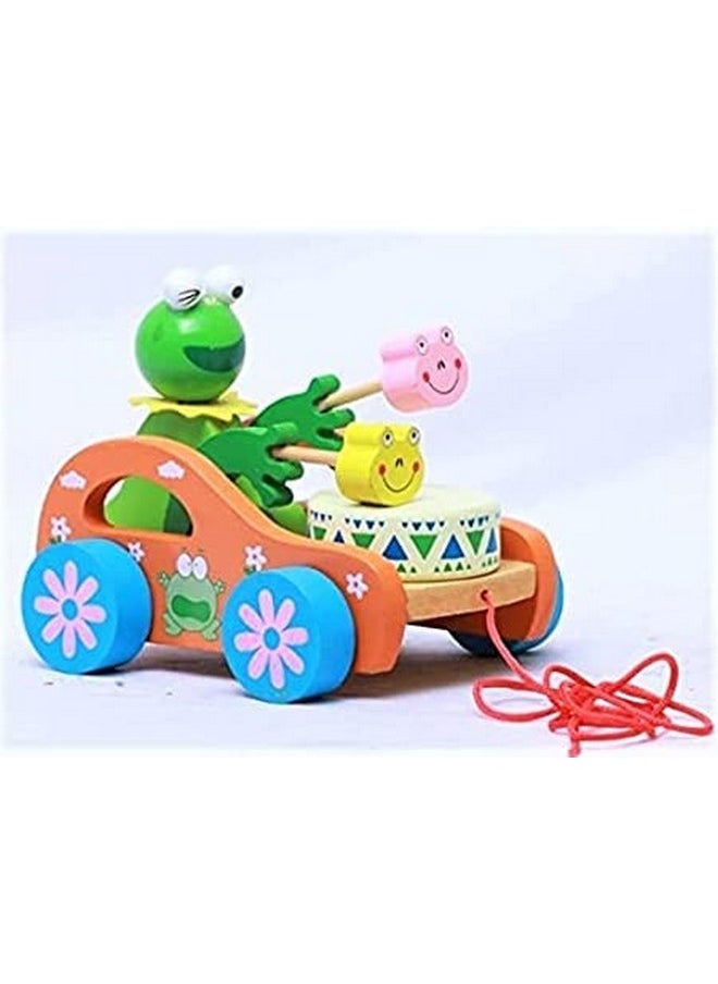 Wooden Drum Musical Pull Along Toy, Baby Early Walking Pull Toy, Rope Toy For Babies, Walking Toy Vehicle For Babies Wood, Multi Color (Pack Of 1) (Frog)